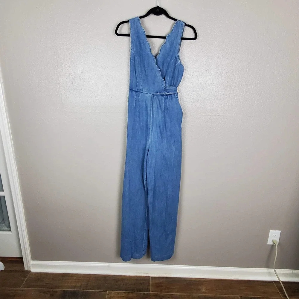 Pilcro by Anthroplogie Lydia Blue Denim Scallop Wrap Wide Leg Jumpsuit 2 - Picture 2 of 8